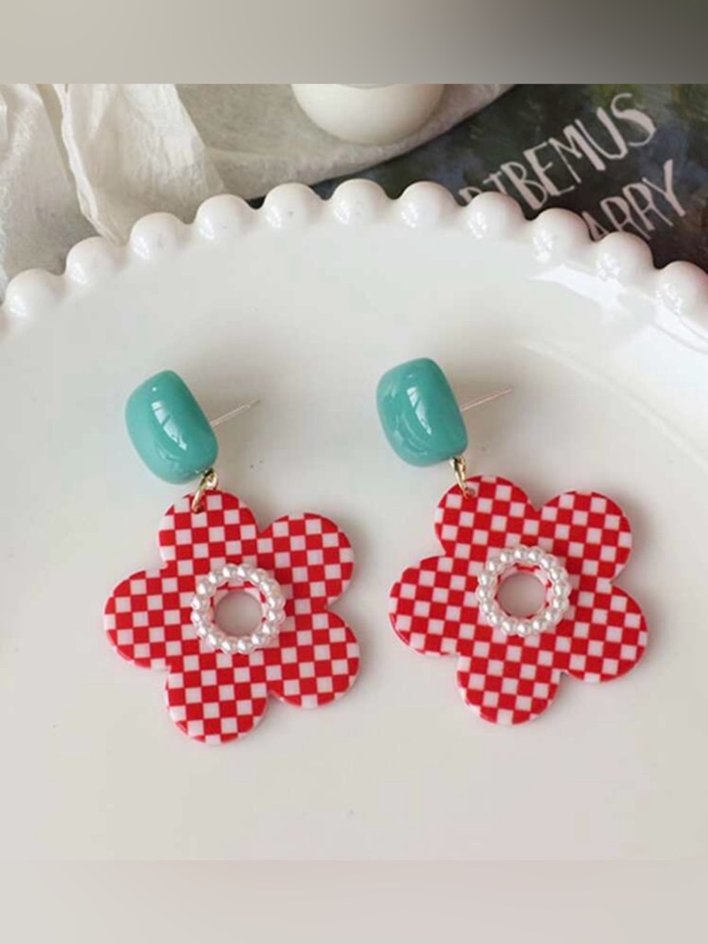 Red Checkered Flower Earrings A1884